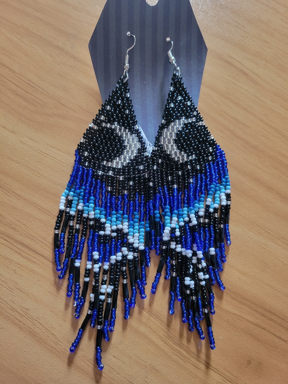 💐NEW💐Handcrafted Black & Blue Seed Bead Moon Fringe Earrings